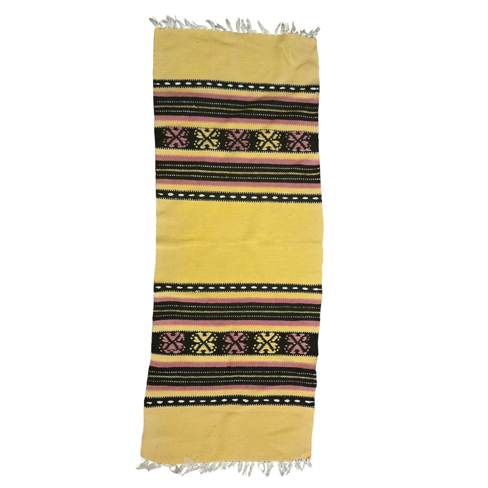 Handwoven Wool Runner Rug Yellow Southwestern Geometric Fringed Flatweave 16x40